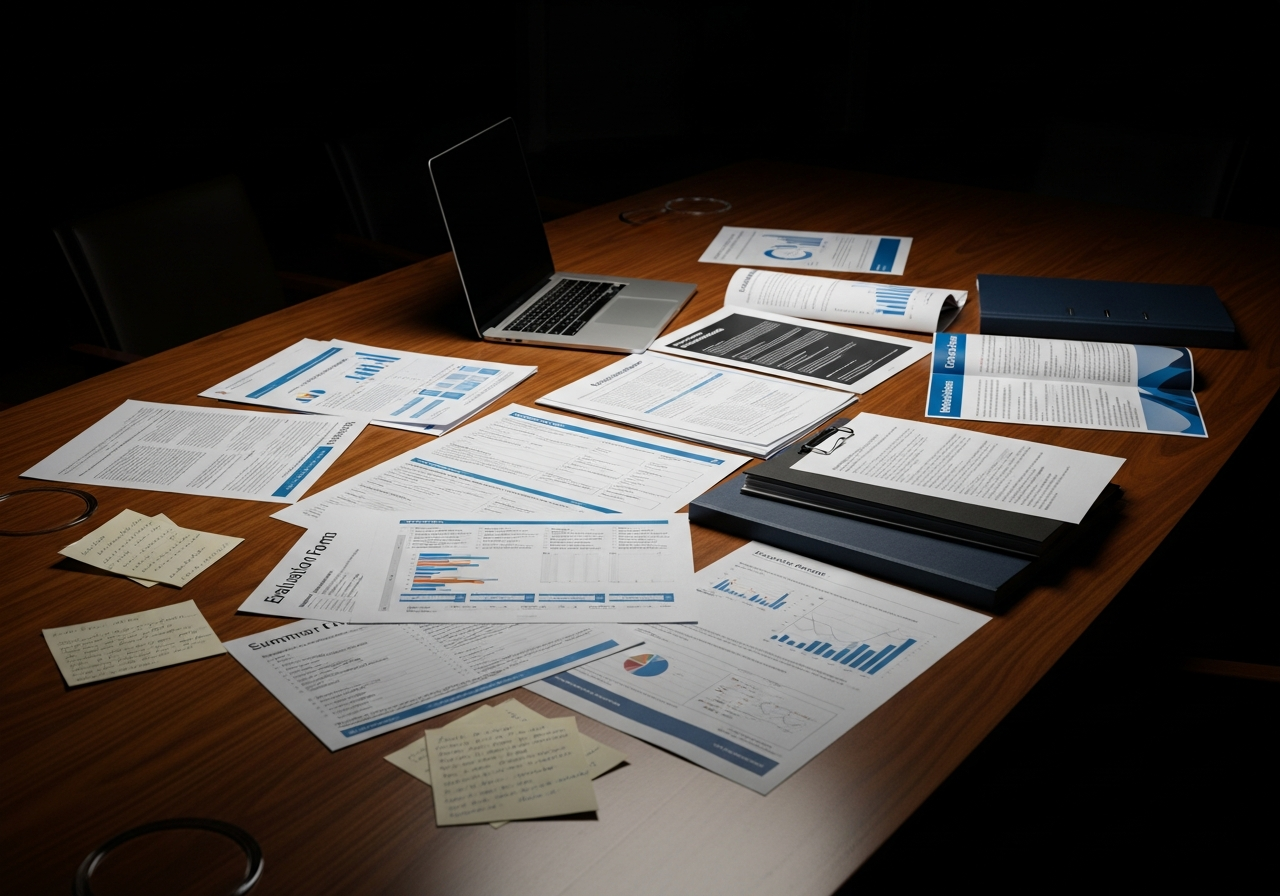 Boardroom vendor evaluation session reviewing scorecard results