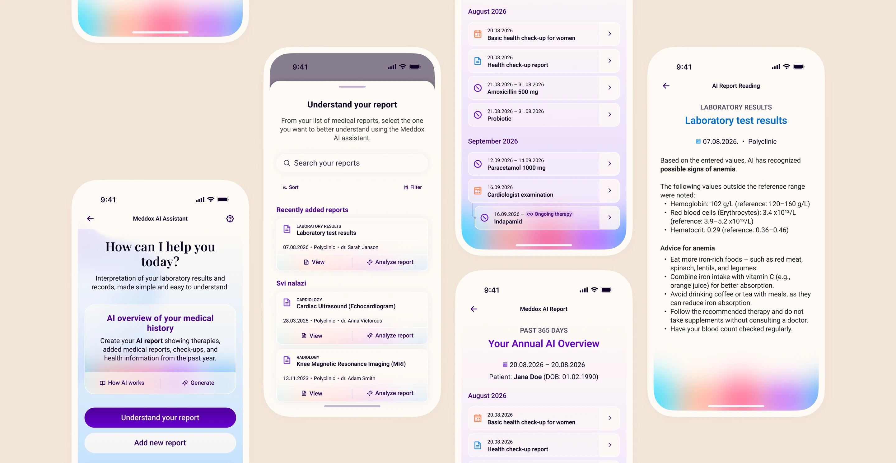 Meddox AI assistant screens: understanding a lab report and an AI-generated reading flagging possible signs of anemia