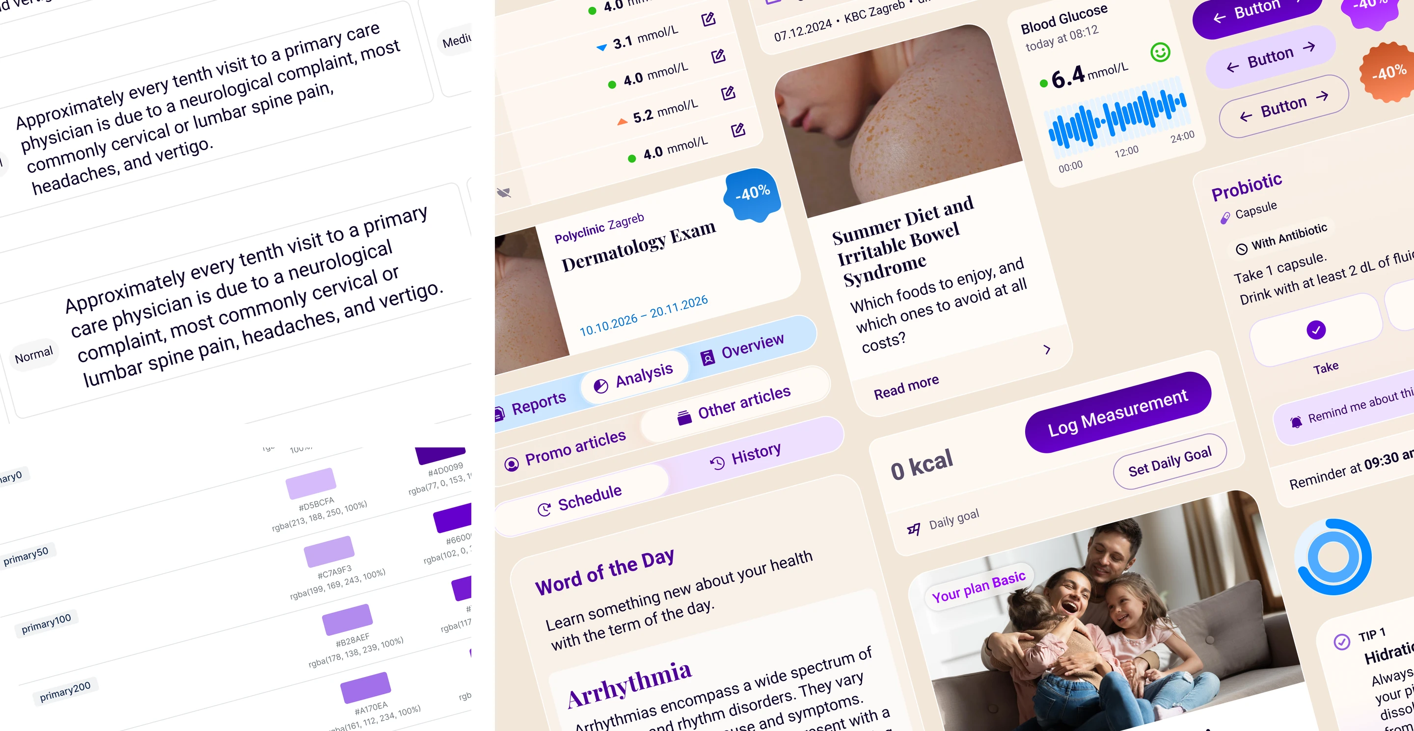 Close-up detail of the Meddox design system: color tokens, typography scale, and component cards