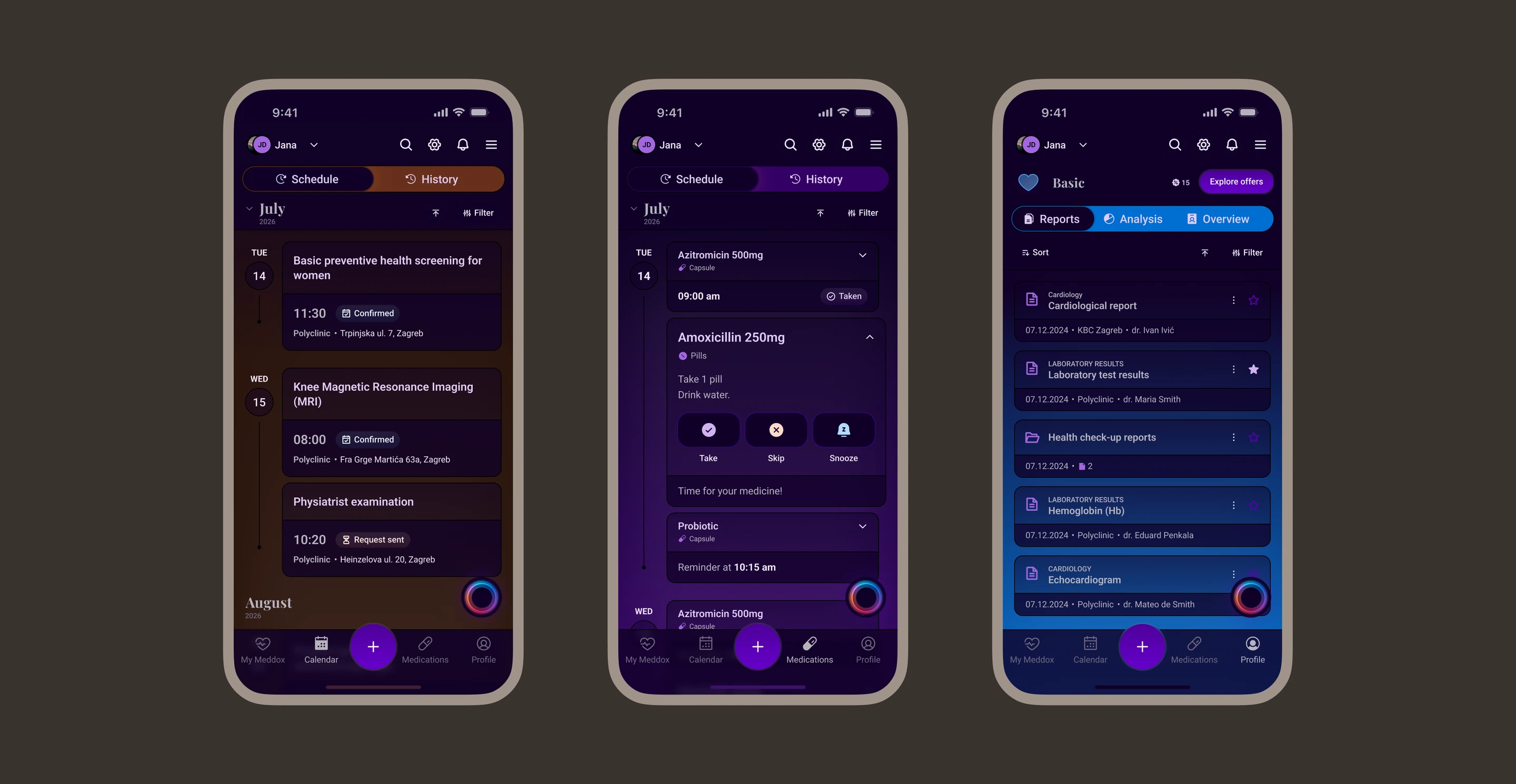 The same Meddox Calendar, medication reminder, and Reports screens in dark mode
