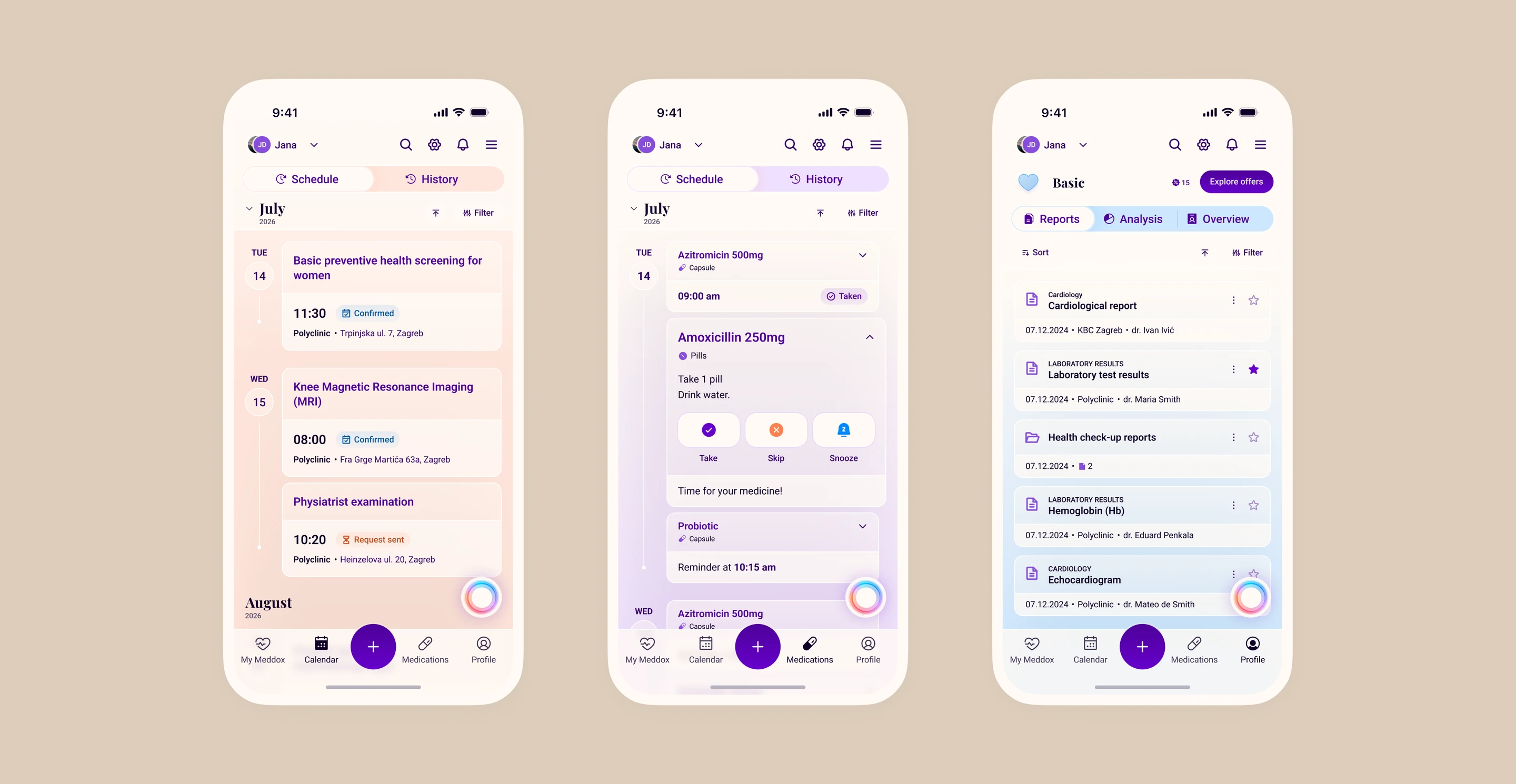 Meddox Calendar, medication reminder, and Reports screens in light mode