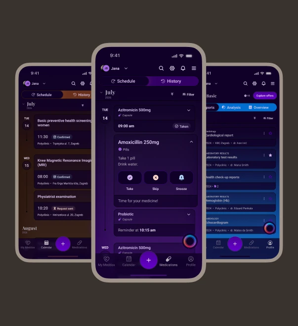 The same Meddox Schedule and medication reminder screens in dark mode