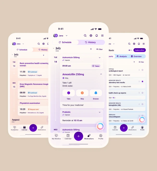 Meddox Schedule and medication reminder screens in light mode