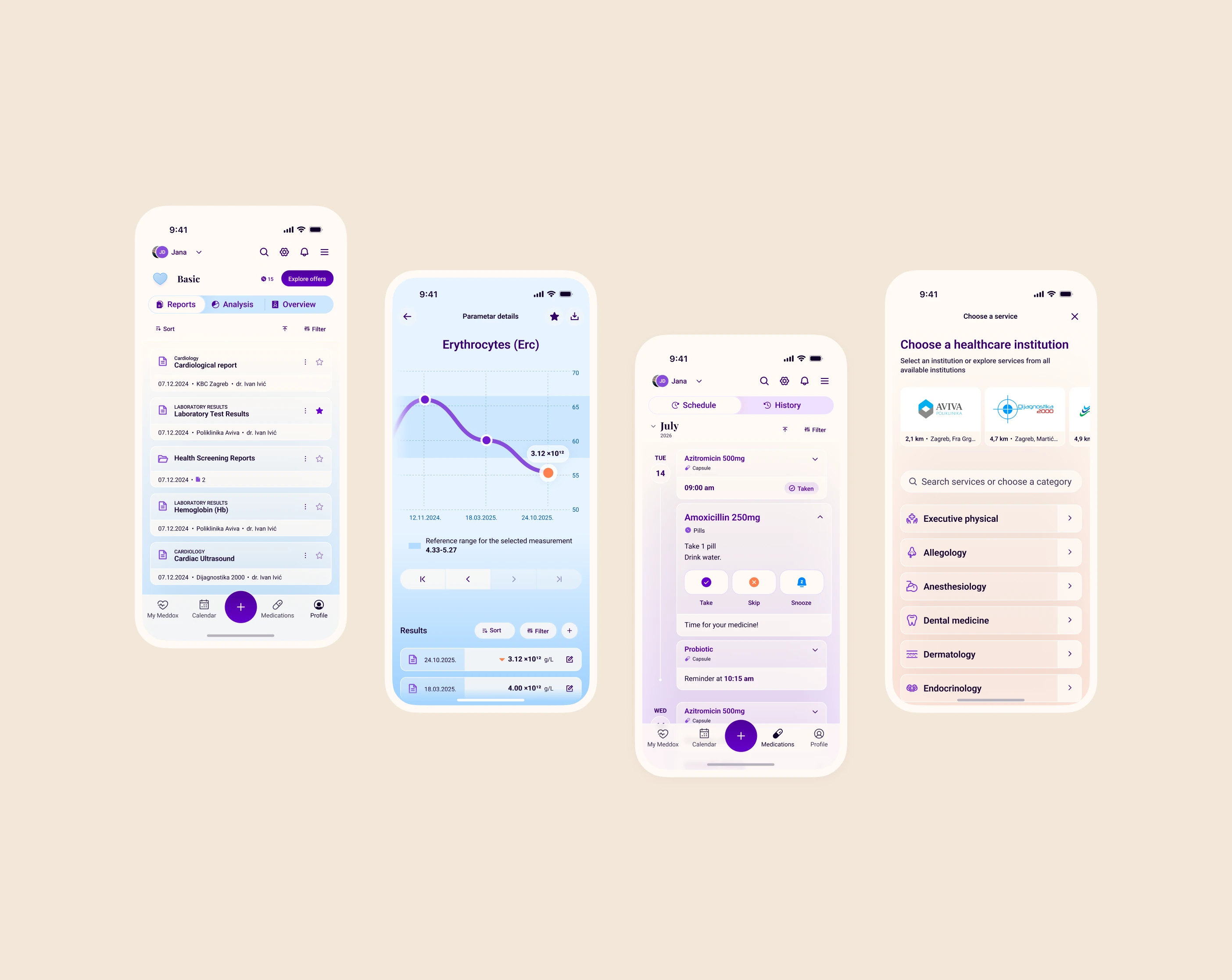 The same four Meddox screens redesigned with calming purples, soft blues, and a clearer visual hierarchy