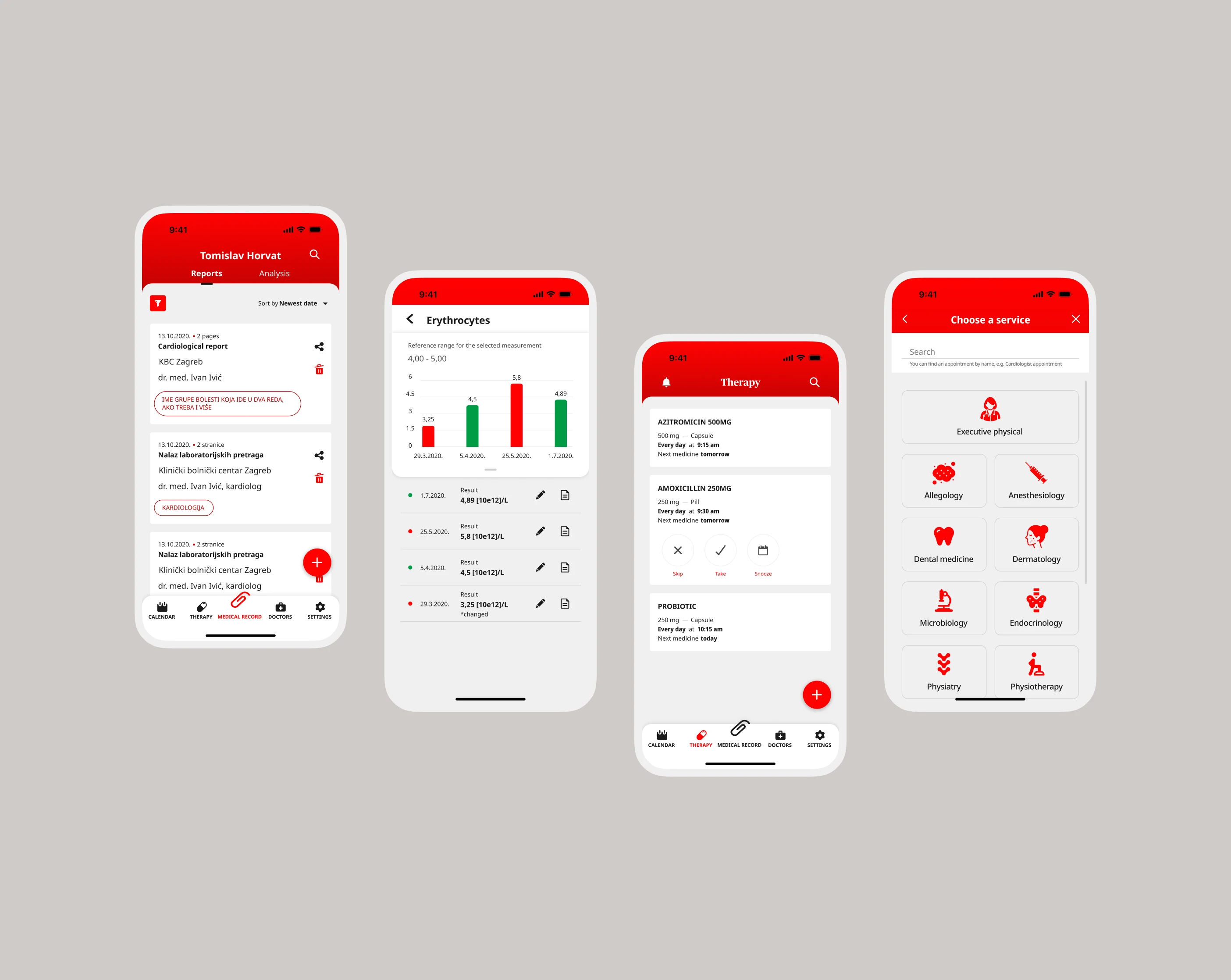Four legacy Meddox screens - reports, lab results, therapy schedule, and service booking - in the old, red-dominant interface