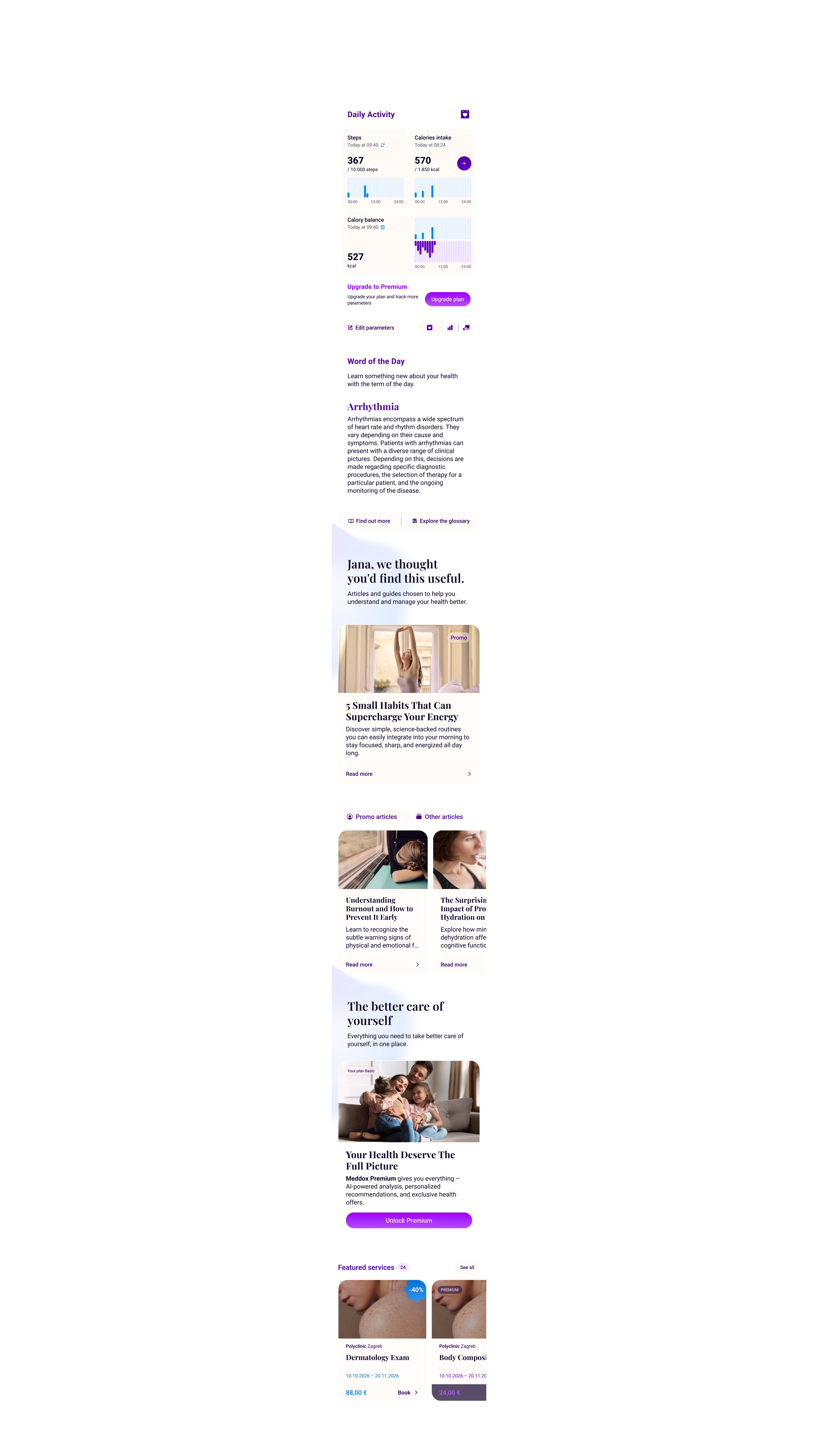 Meddox home dashboard: daily activity, word of the day, personalized articles, and featured services