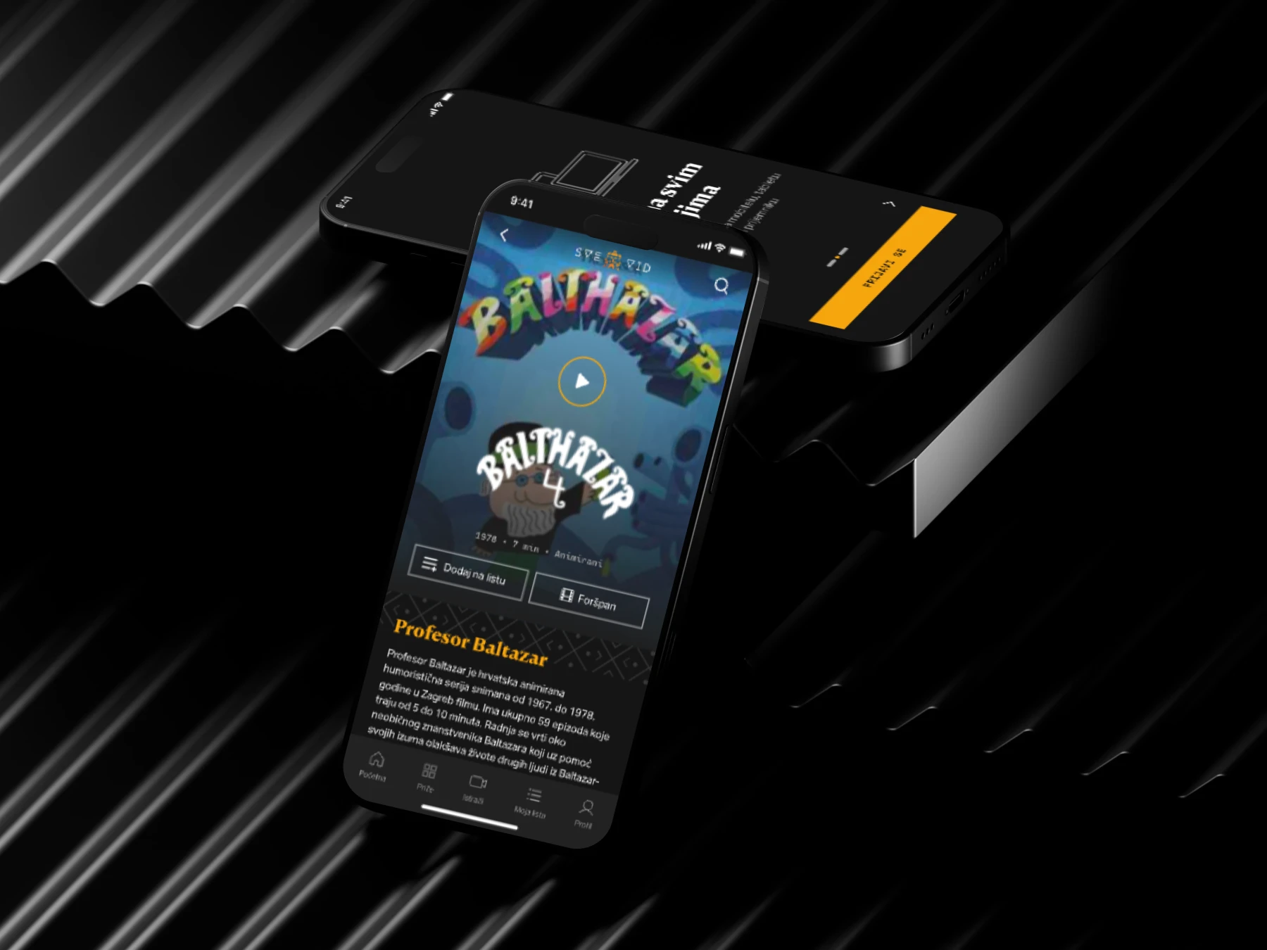 Two phones resting on a dark surface. The foreground phone displays the 'SVEVID' streaming app interface featuring the animated series 'Professor Balthazar', while the background phone shows a login screen.