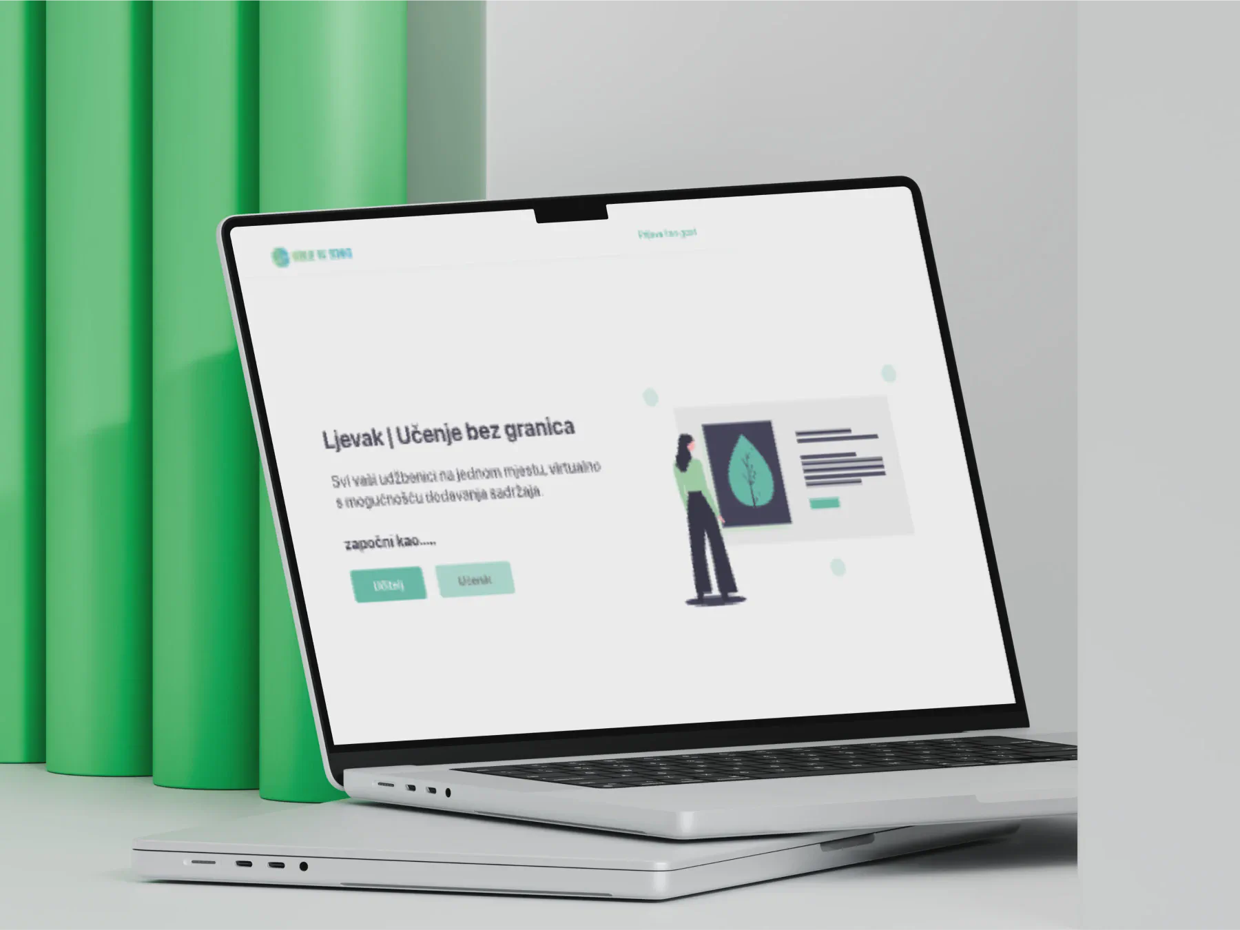 A laptop displaying the homepage of the 'Ljevak' e-learning platform with the slogan 'Učenje bez granica'.